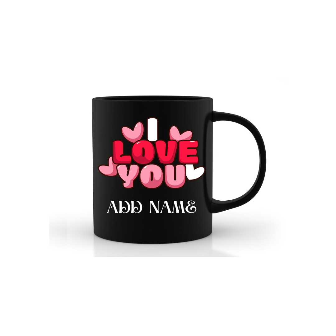 Valentine Gift Combo with Customisable Black Mug, Chocolate Pack, Greeting Card