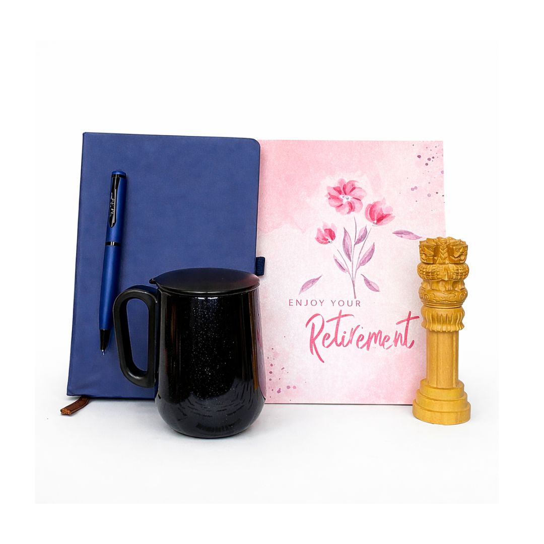 Retirement Gift Set with Diary & Pen, Mug, Ashok Stambh Showpiece & Greeting Card