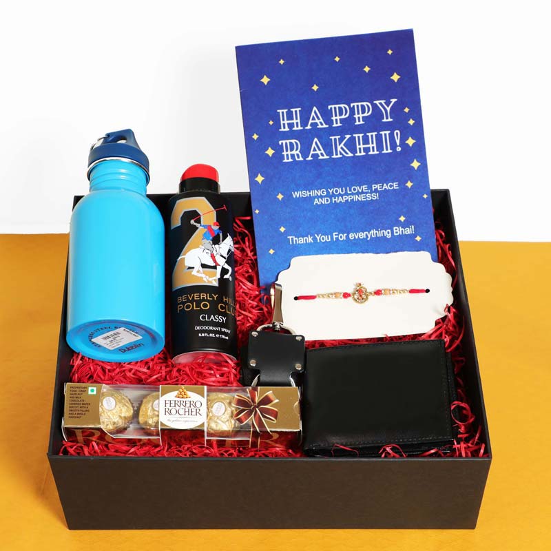 Rakhi Gifts-Big Hamper Box of 20 Goodies with Soan Papdi with 5 Rakhis –  Ghasitaram Gifts